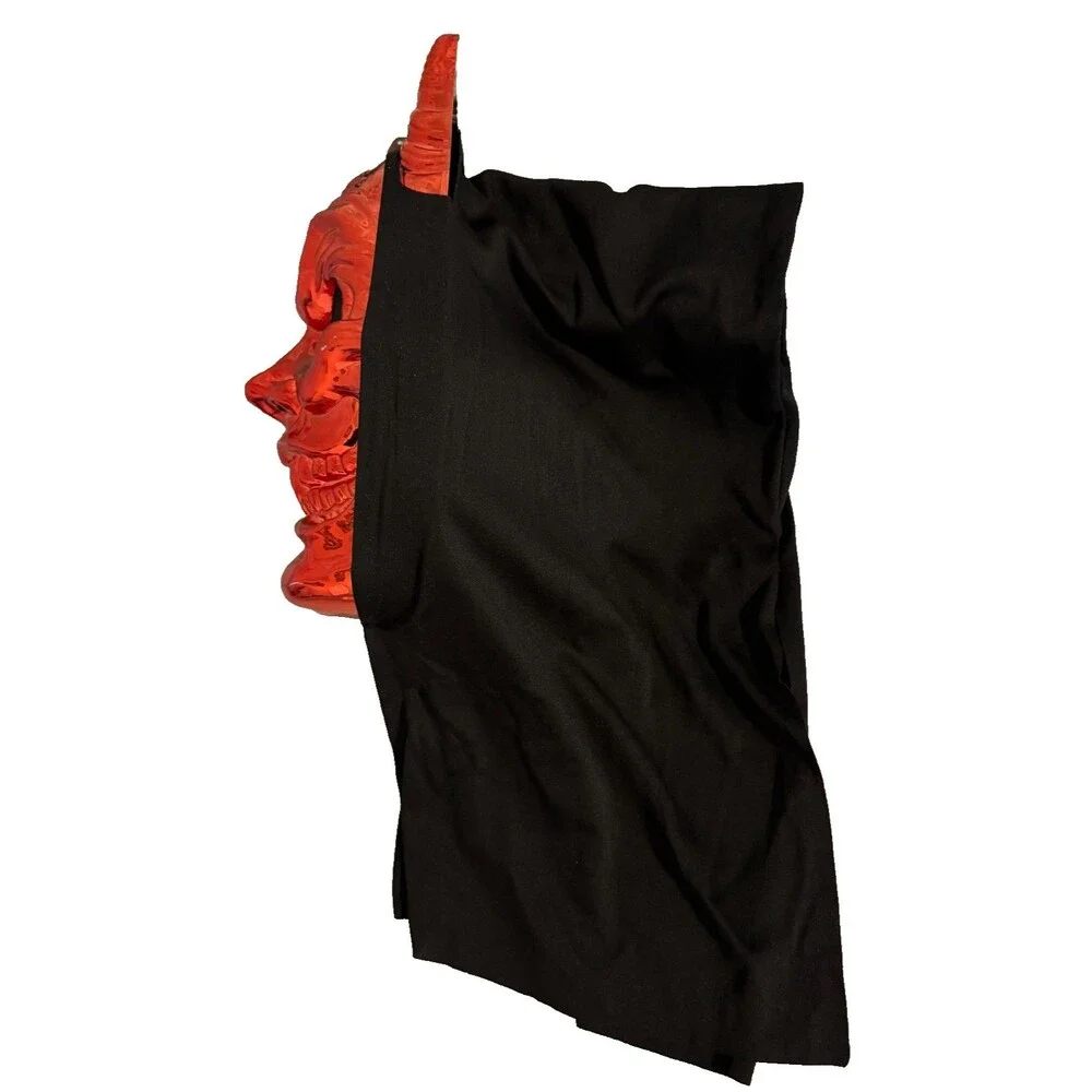 New Metallic Red Devil Halloween Mask Costume Over-The-Head Black Cowl 19”x7”